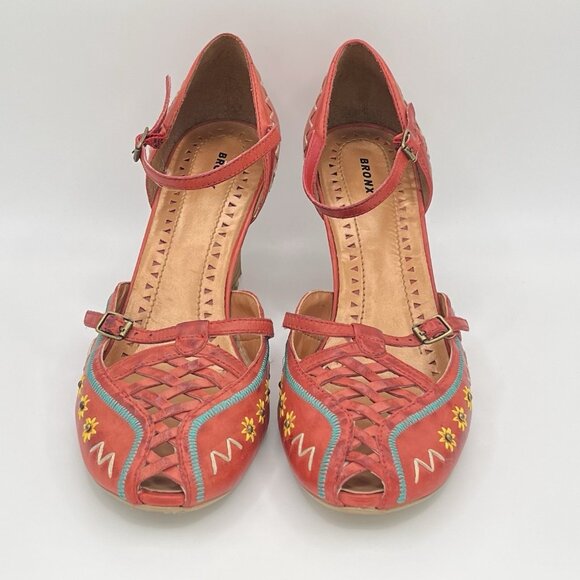 Bronx Women’s Red Leather Wedge Sandals Size 37 EU, US 6.5-7 Embroidered Brazil - Picture 3 of 13